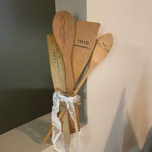 Wooden Utensil Set with added French Transfers with Lace Ribbon. Decorative.
